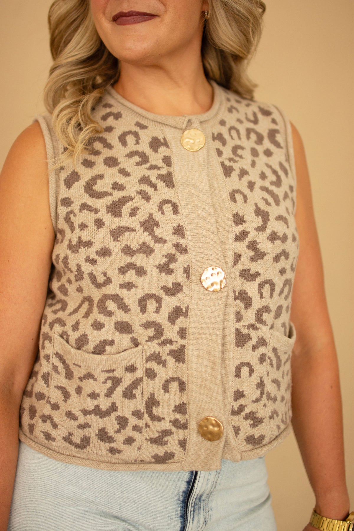 Mocha Sleeveless Animal Print Knit Vest