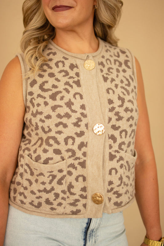 Mocha Sleeveless Animal Print Knit Vest