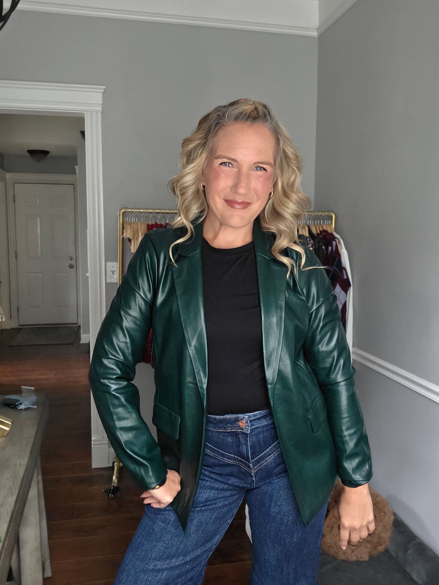 Forest Green Faux Leather Open Blazer