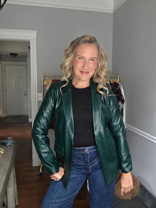 Forest Green Faux Leather Open Blazer