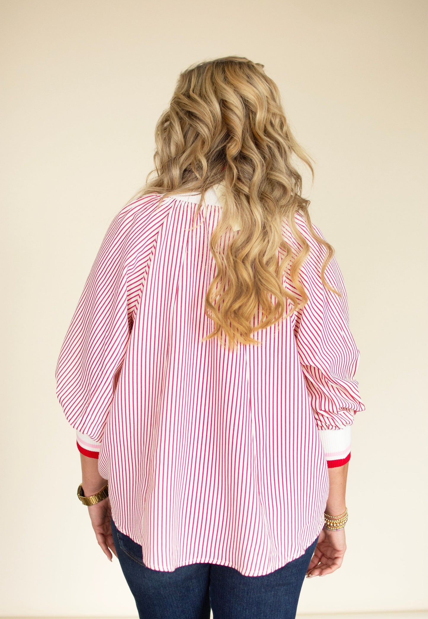 Red Pinstripe Top w/ 3/4 Zip Front & Sleeves