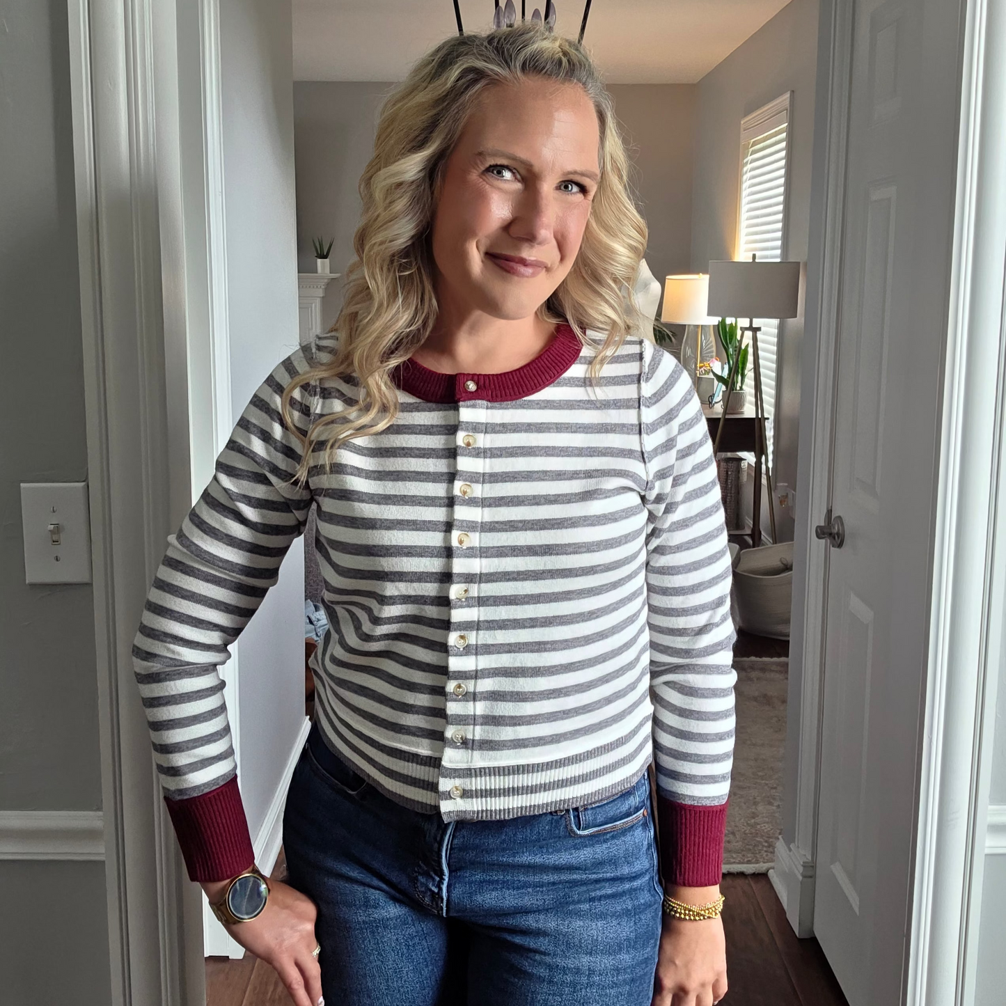 Heather Grey & Off White Striped Cardigan