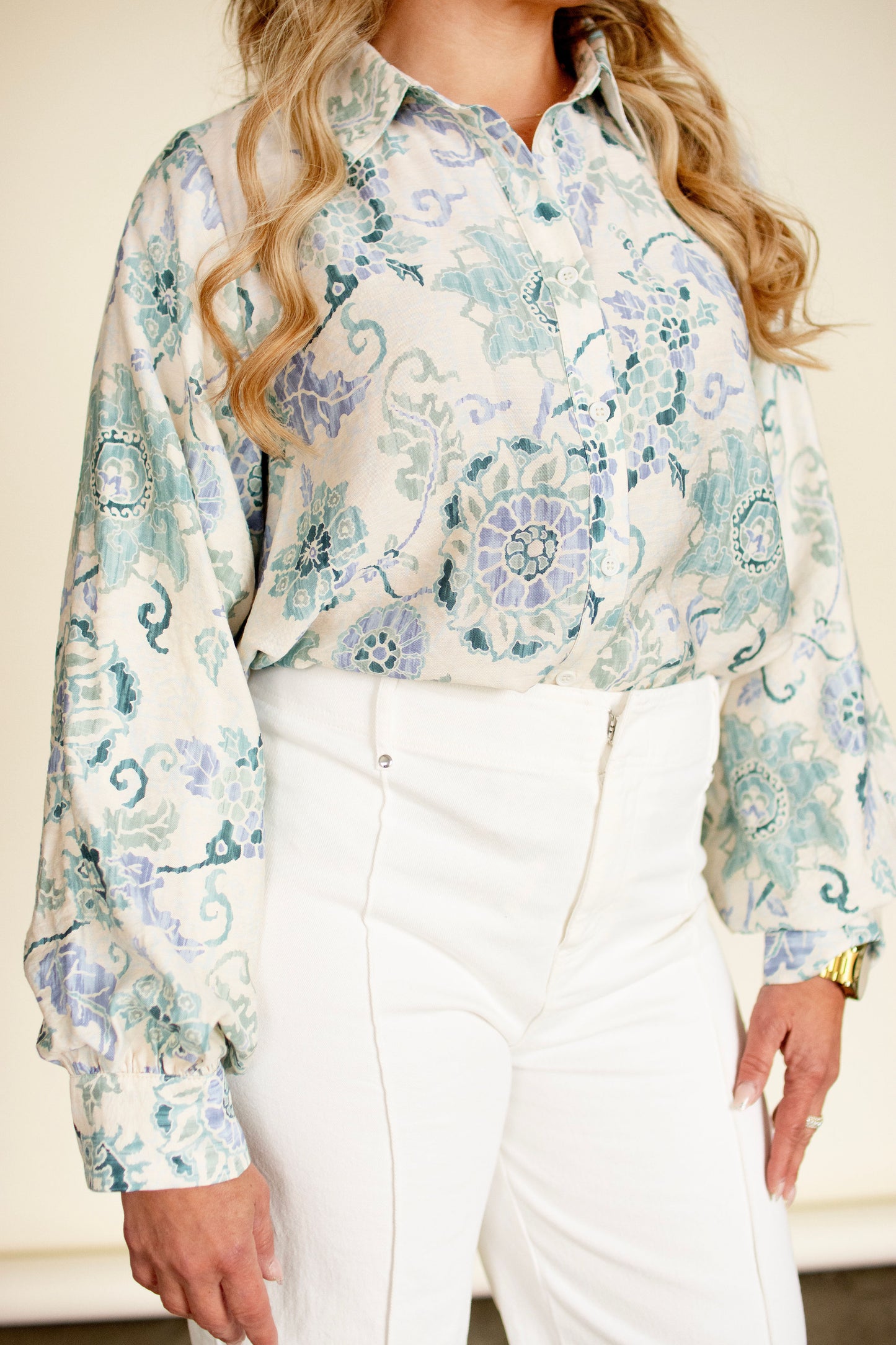 Blue & Green Floral Button-Down Top