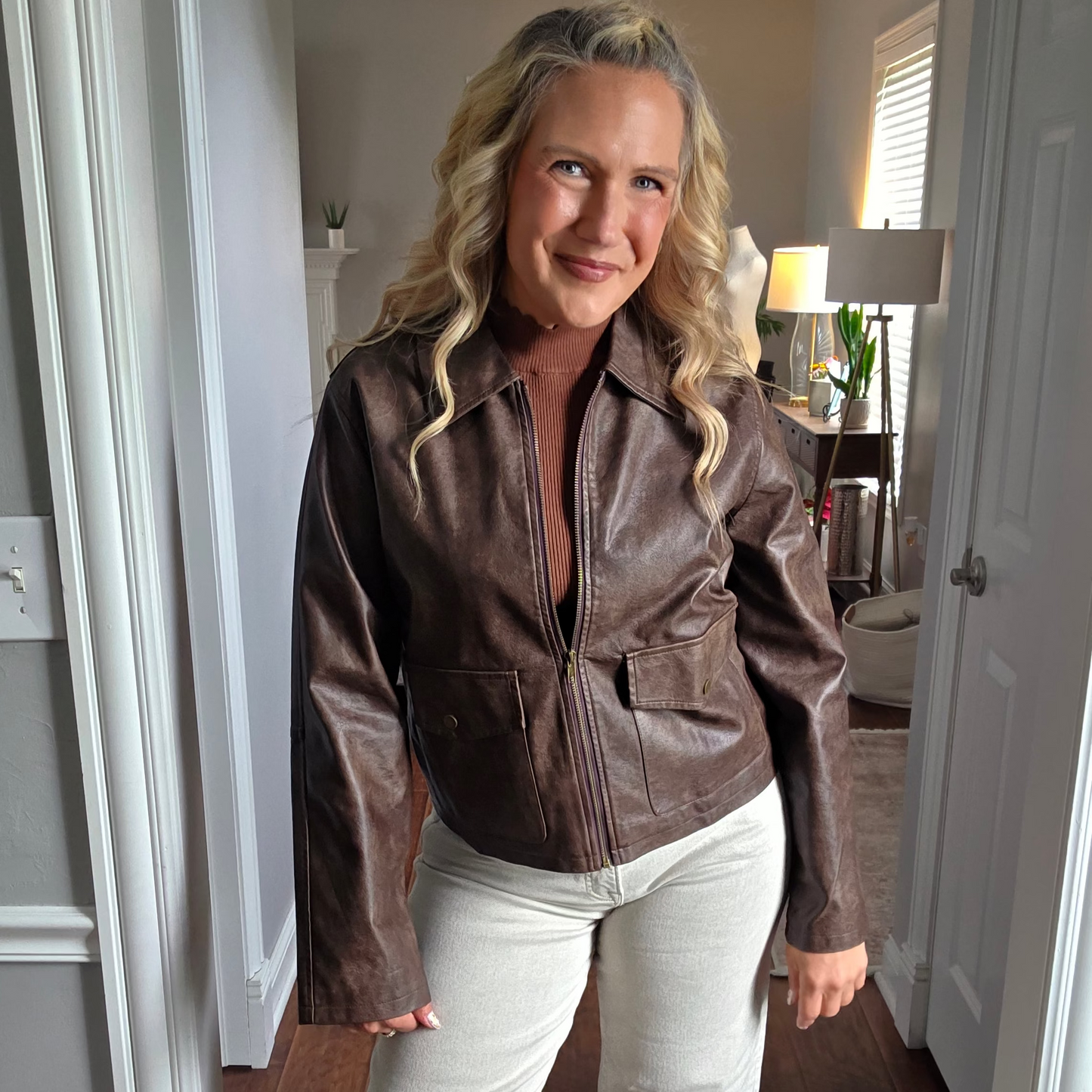 Brown Faux Leather Utility Jacket