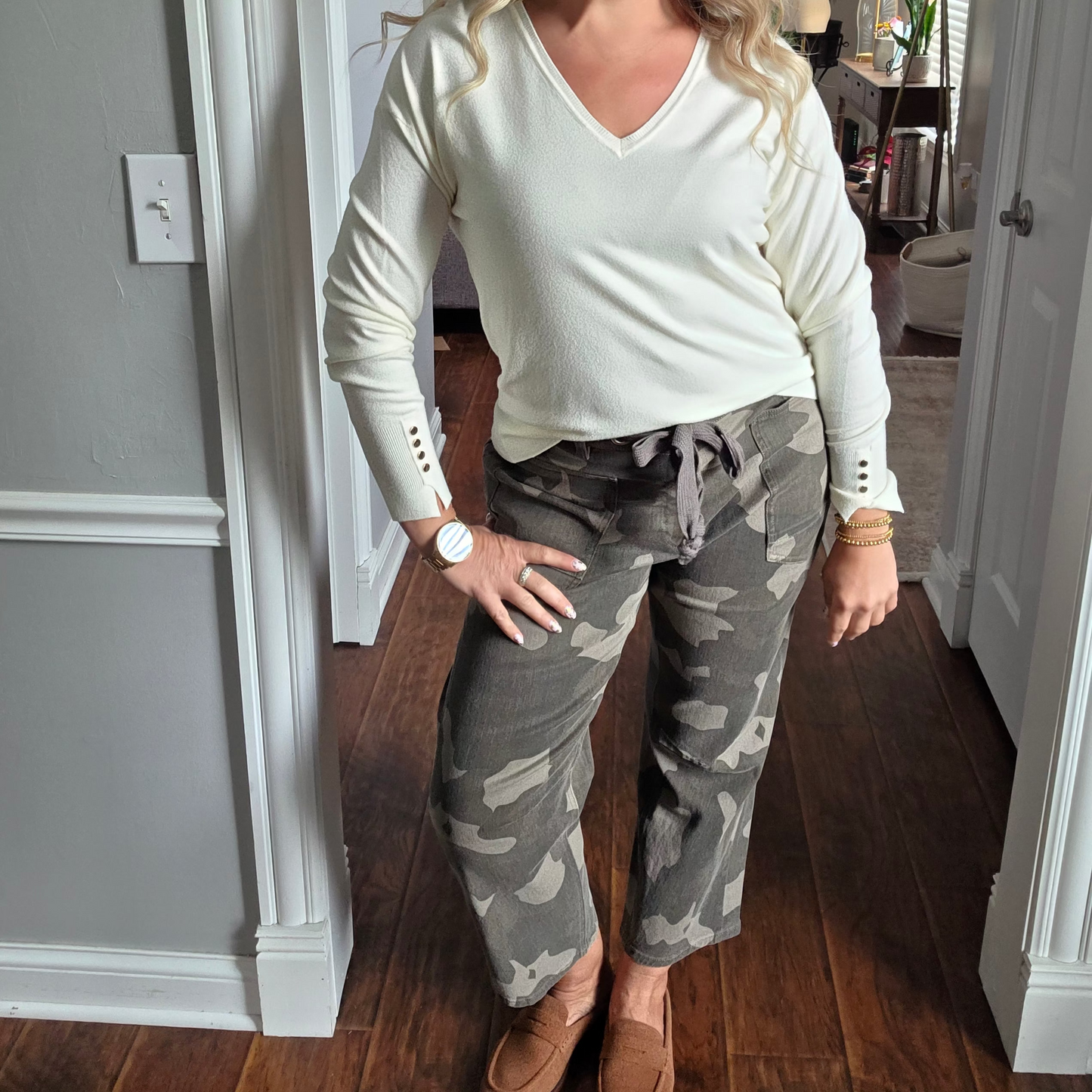 Camo Print Pants w/ Drawstring Belt