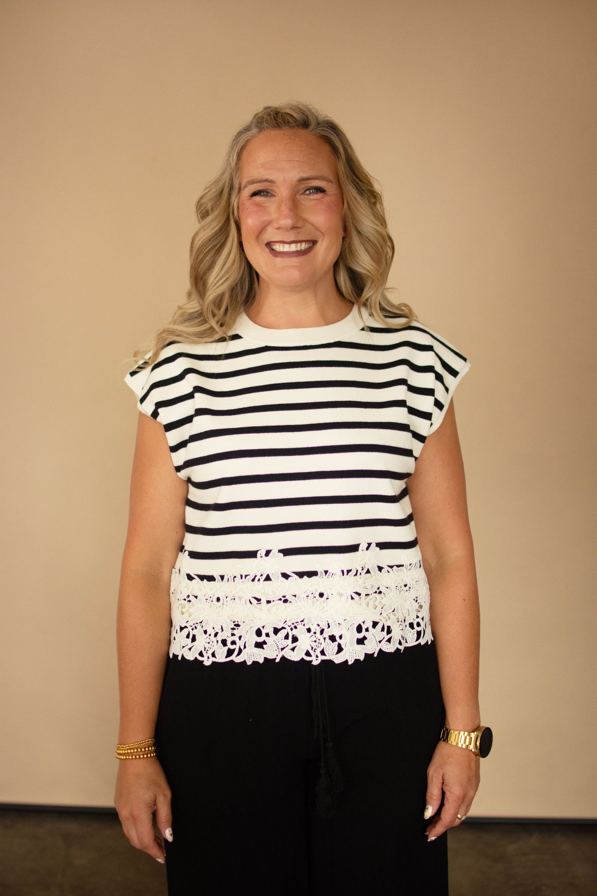 Off White Cap Sleeve Top w/ Black Stripes