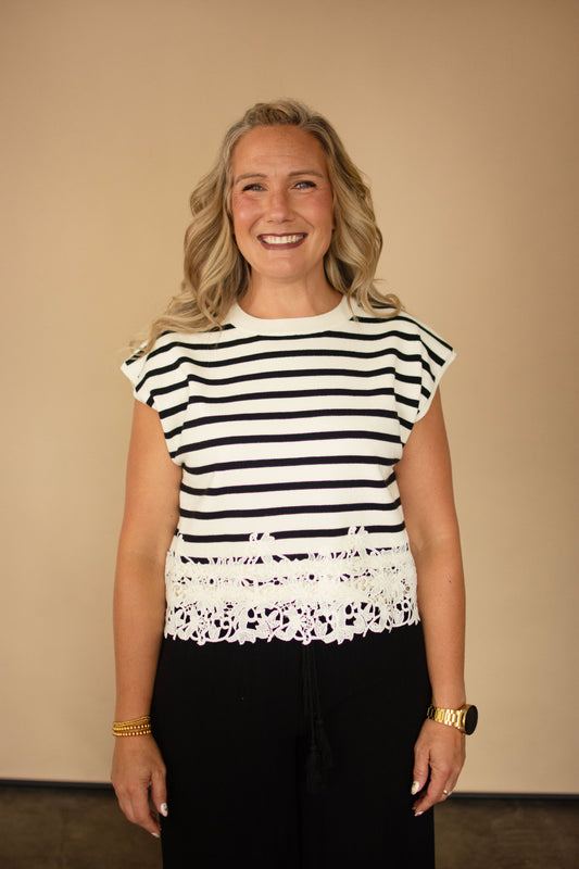 Off White Cap Sleeve Top w/ Black Stripes