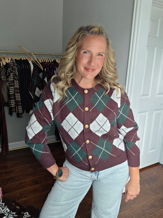 Brown Argyle Cardigan w/Gold Buttons