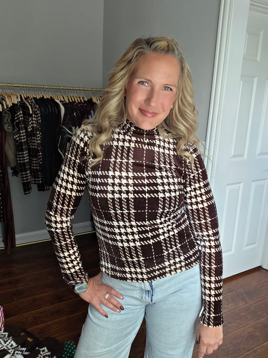 Brown Velour Mock Neck Fitted Top