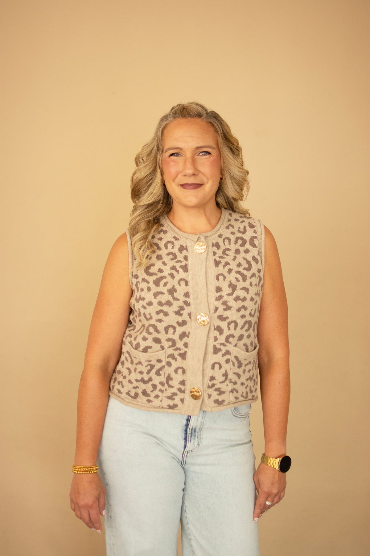 Mocha Sleeveless Animal Print Knit Vest