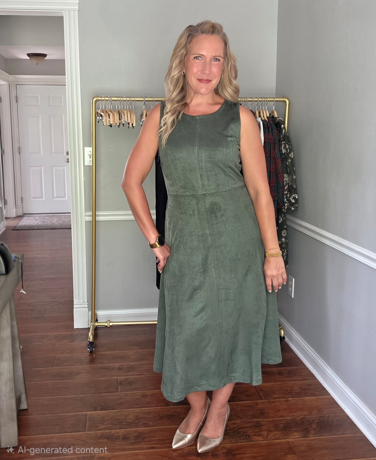 Green Faux Suede Sleeveless Midi Dress