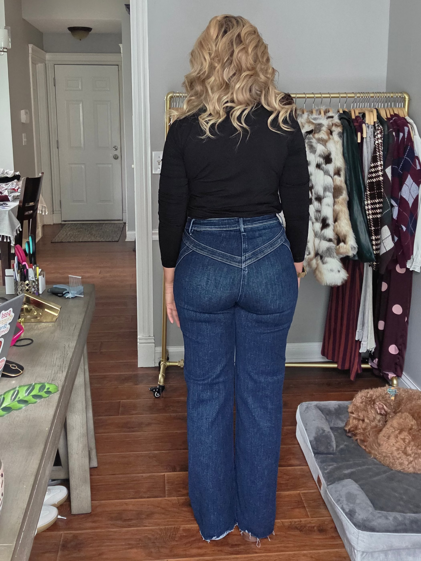 RISEN Dark Wash High Rise Yoke Detail Stretchy Jeans