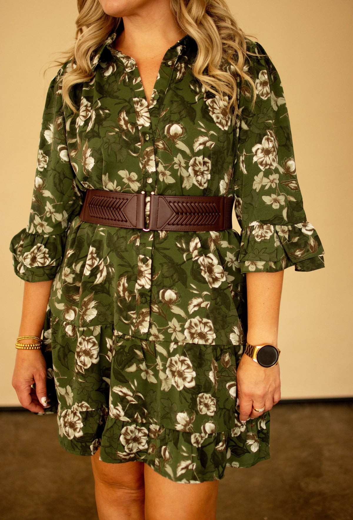 Dark Green Floral Print Dress w/Ruffle Hem