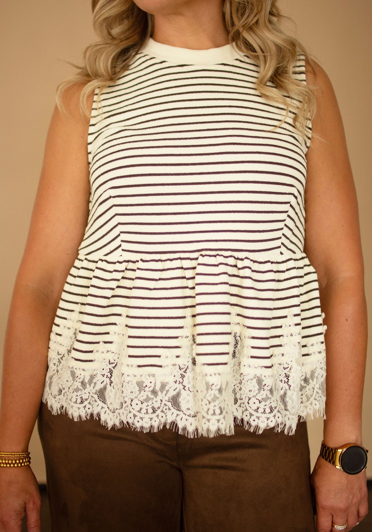 Off White Peplum Top w/ Lace Trim & Brown Stripes