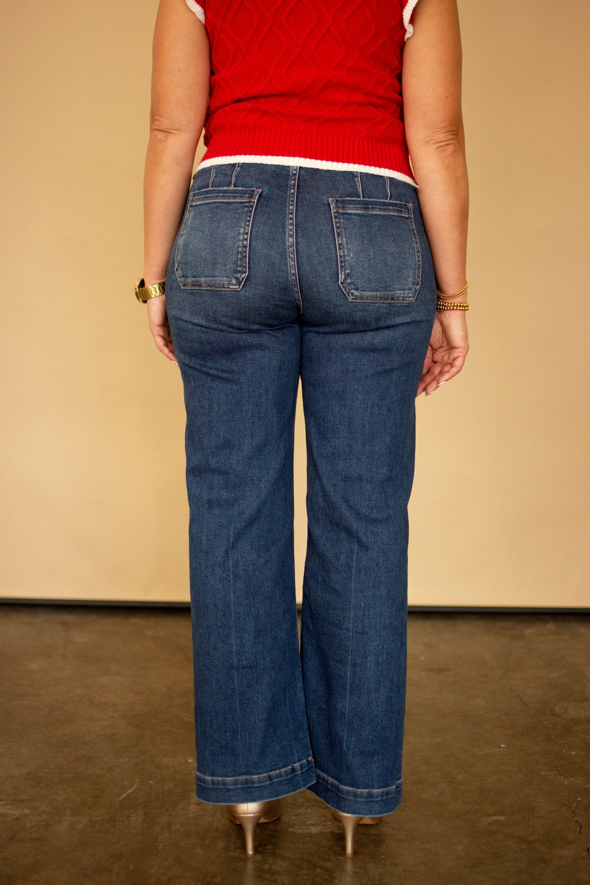 RISEN Dark High Rise Relaxed Straight Leg Ankle Length Jeans w/ Front Welt Pocket