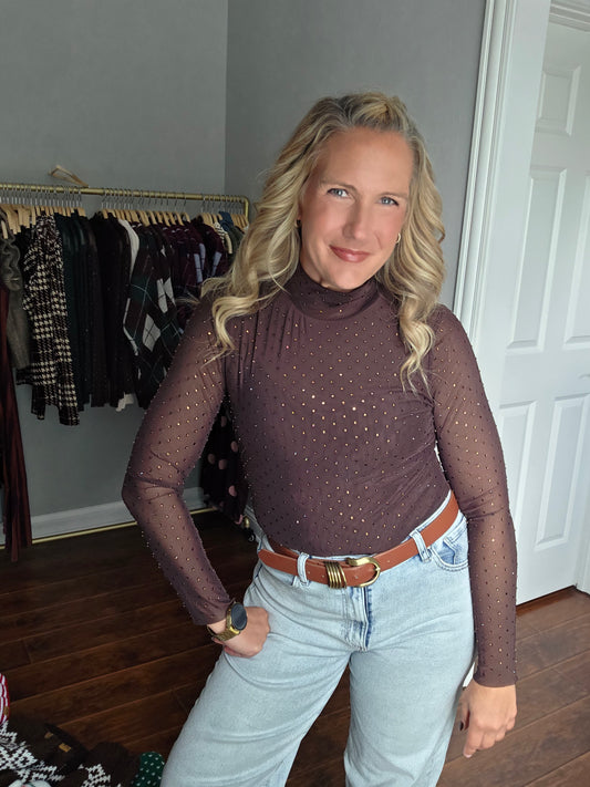 Chocolate Brown Sheer Embellished Mock Neck Top