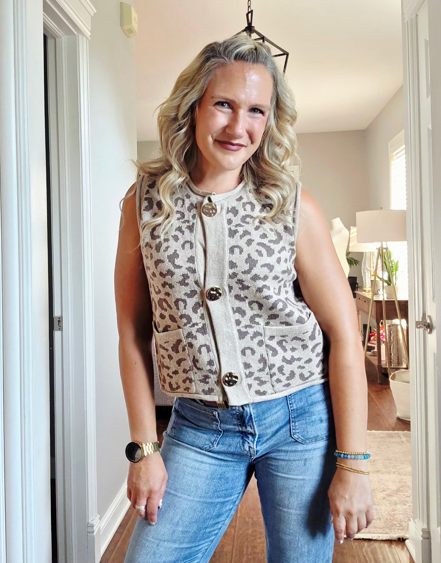 Mocha Sleeveless Animal Print Knit Vest