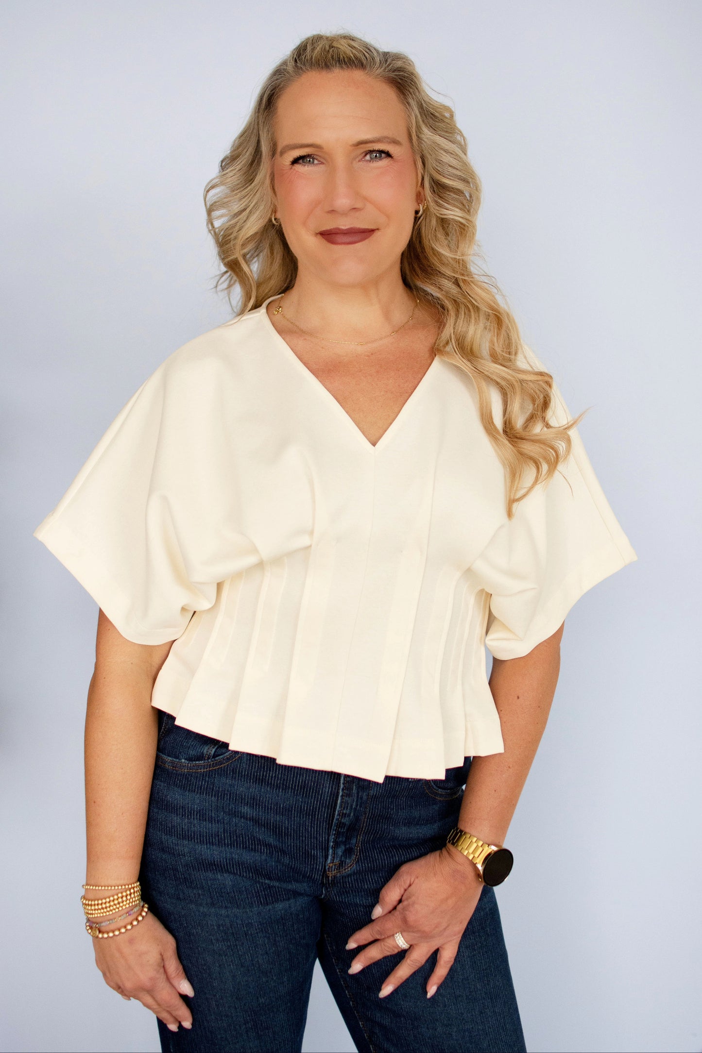 Cream Pleated V-Neck Top