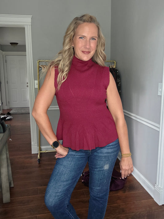 Cranberry Mock Neck Peplum Top