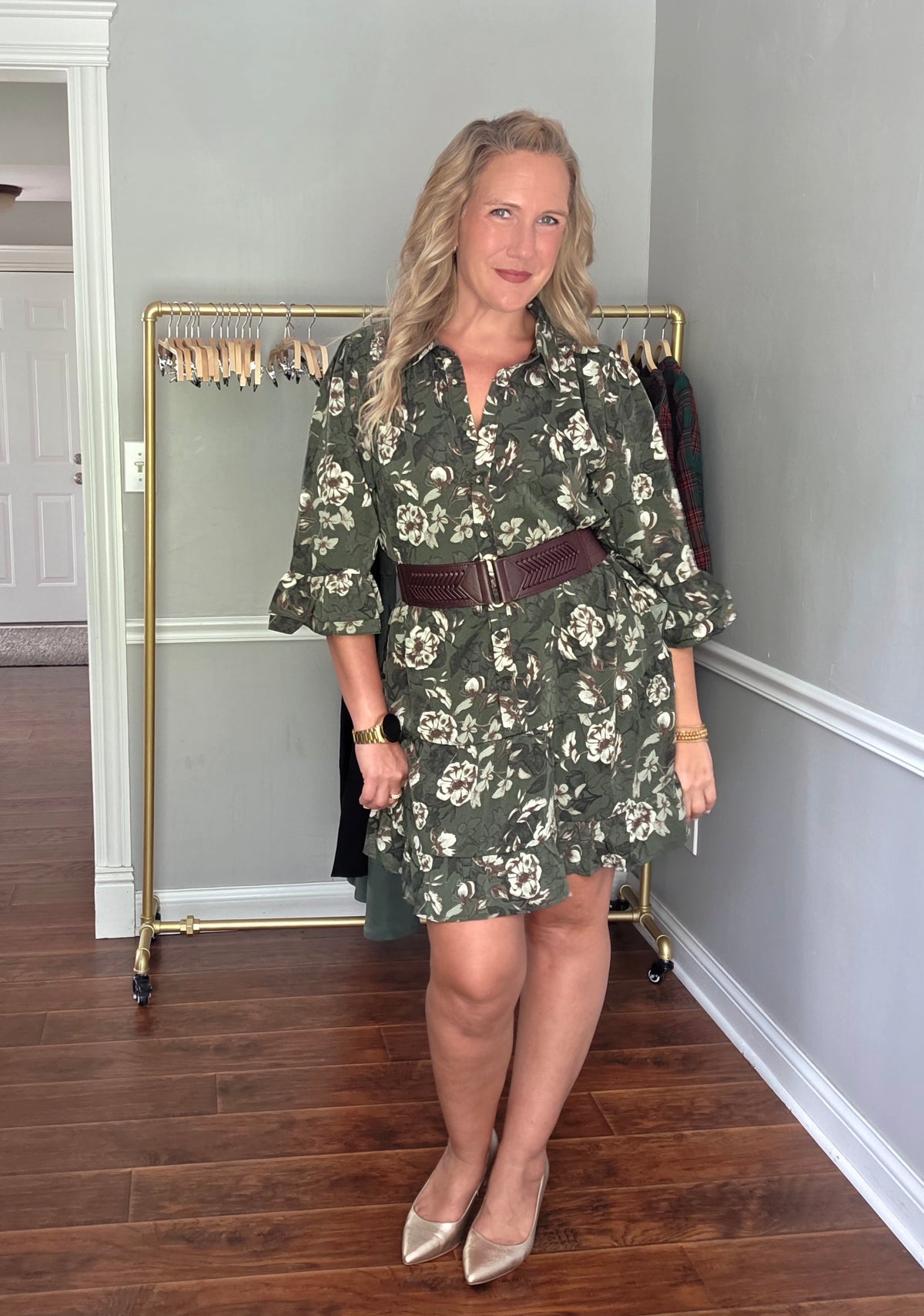 Dark Green Floral Print Dress w/Ruffle Hem