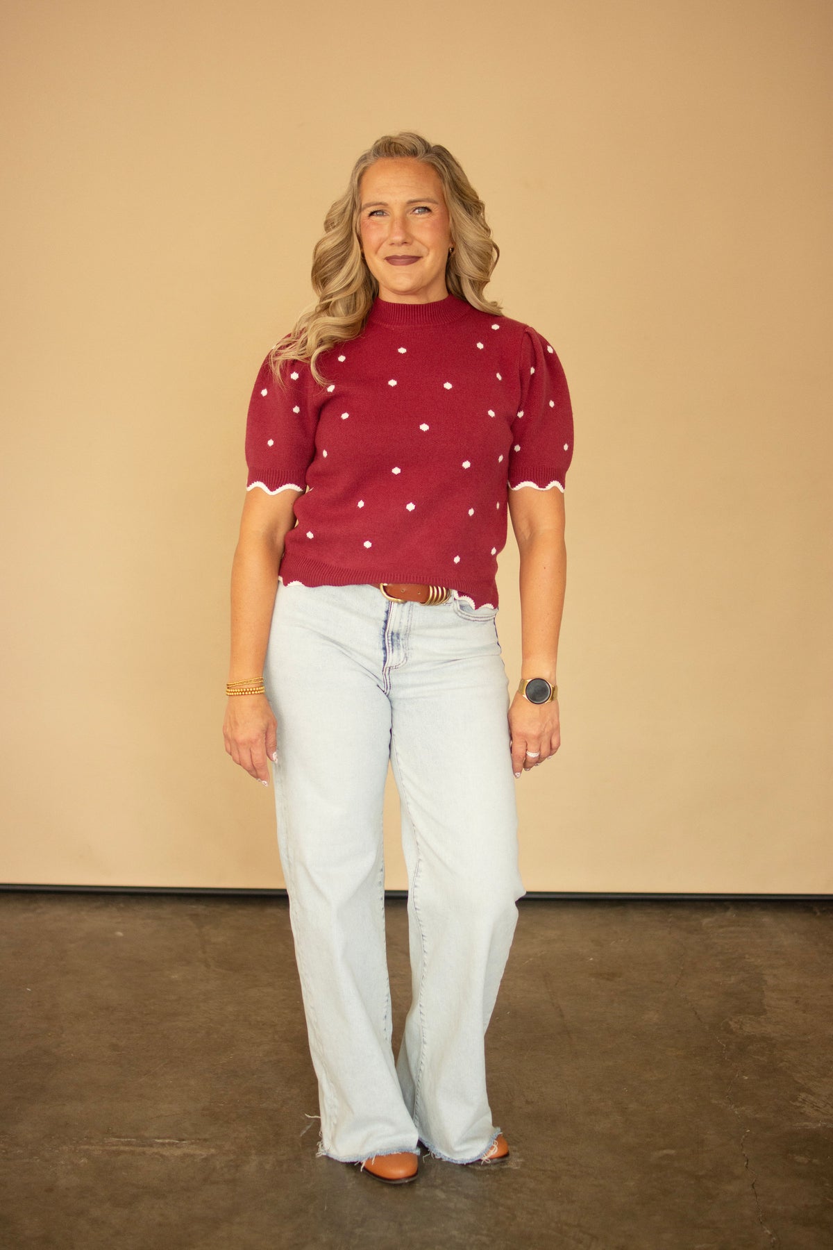 Wine Scallop Edge Polka Dot Top