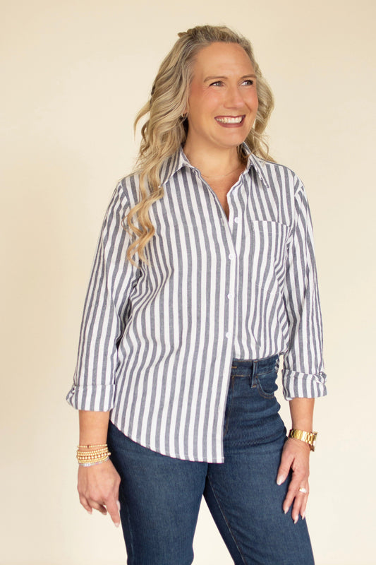 Navy Striped Button Down Shirt