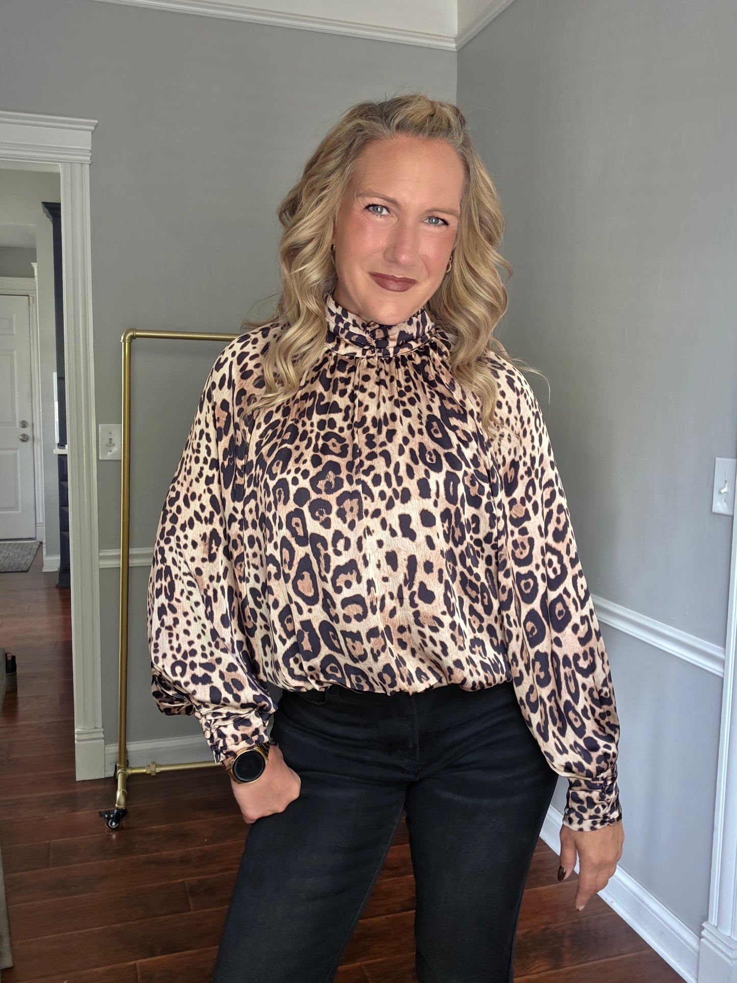 Leopard Mock Neck Bubble Hem Blouse