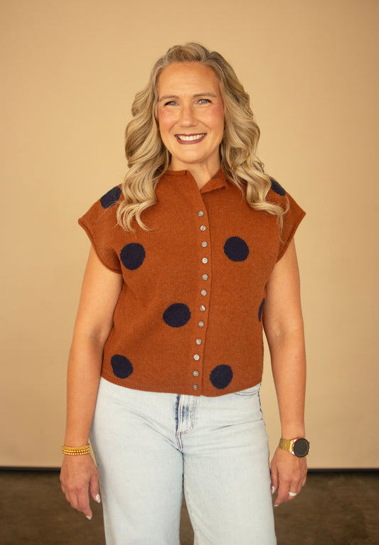 Camel Cardigan w/ Navy Polka Dots