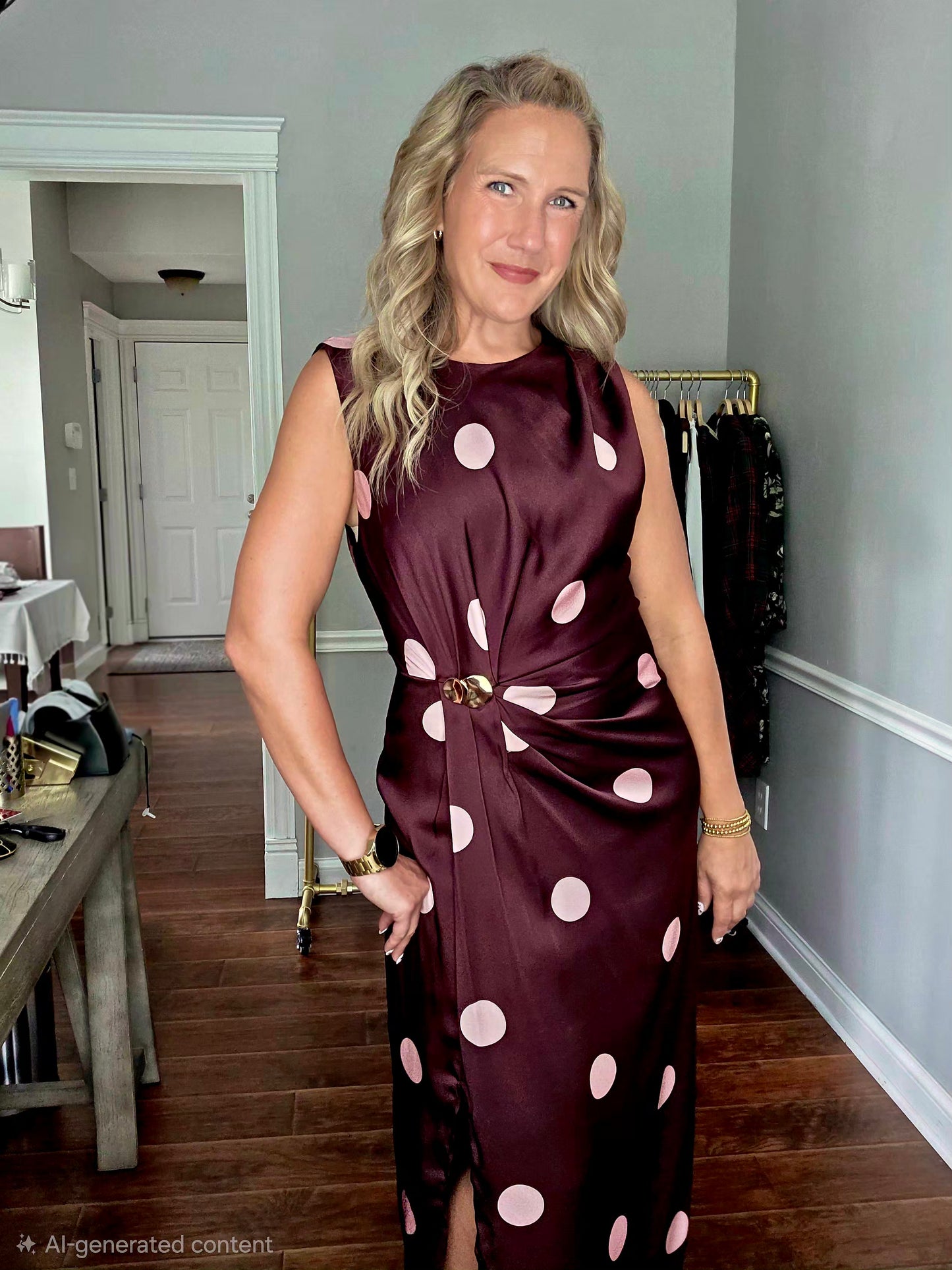 Burgundy Sleeveless Dress w/ Pink Polka Dots