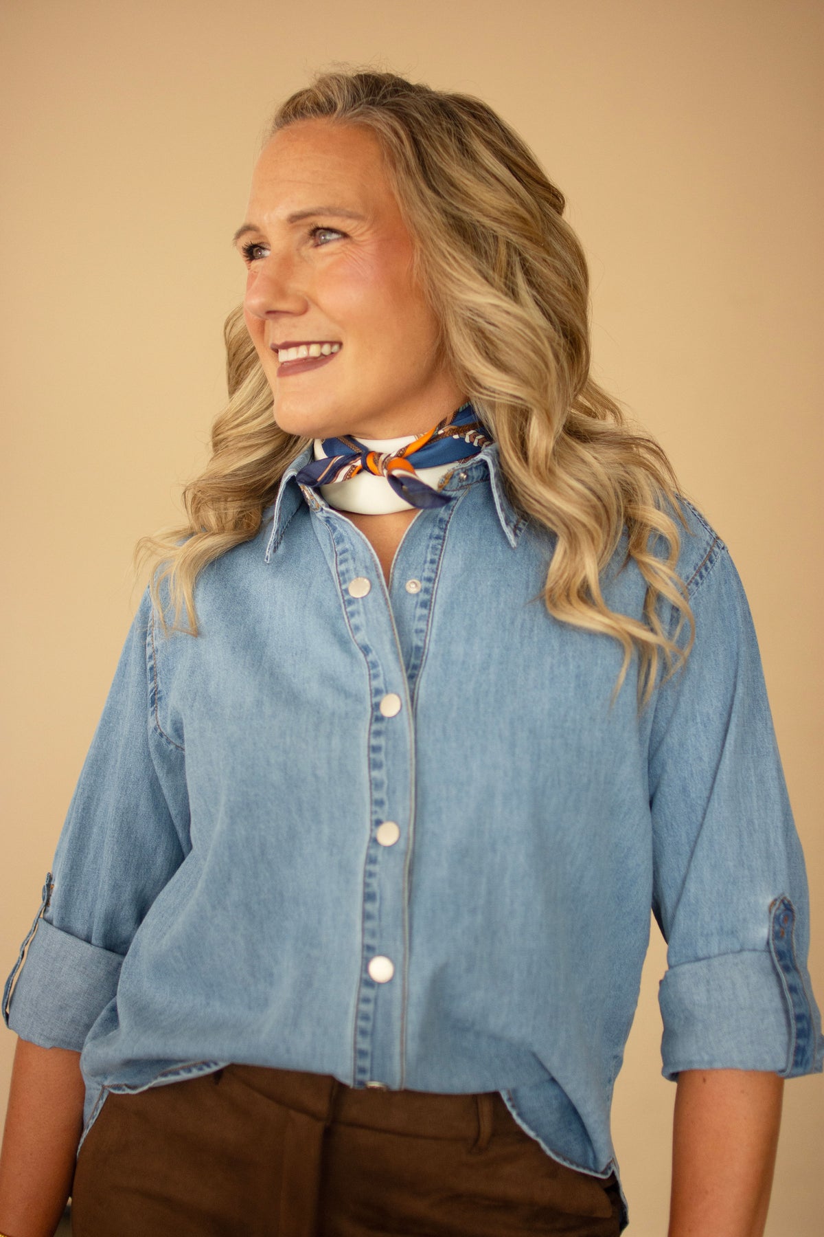 Denim Button Front Shirt w/ Roll Tab Sleeves