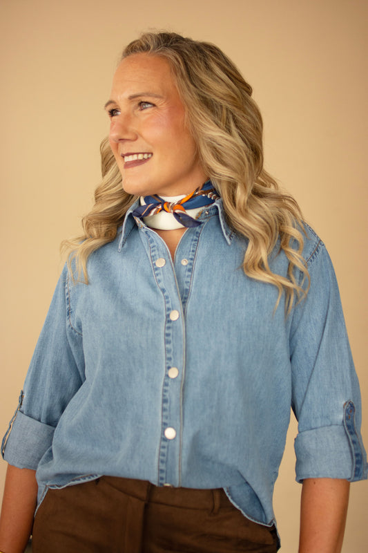 Denim Button Front Shirt w/ Roll Tab Sleeves