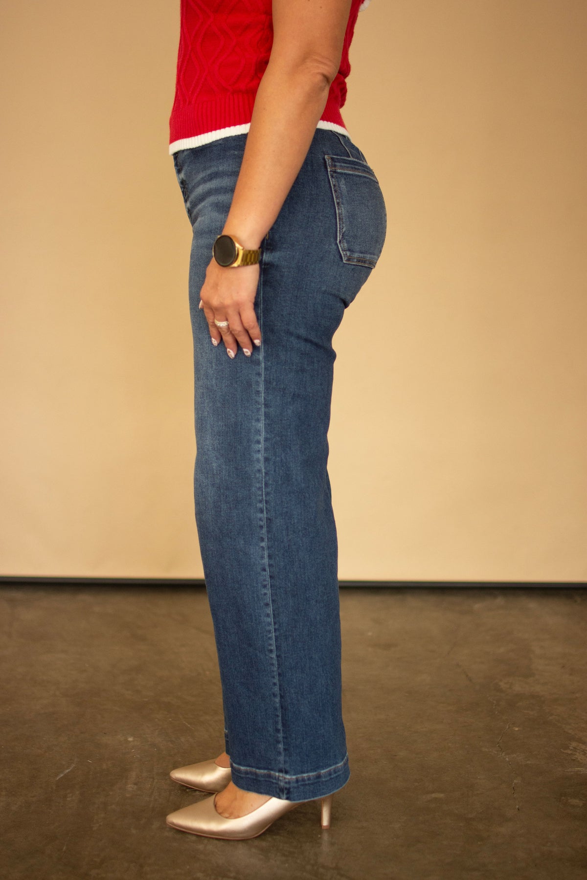 RISEN Dark High Rise Relaxed Straight Leg Ankle Length Jeans w/ Front Welt Pocket