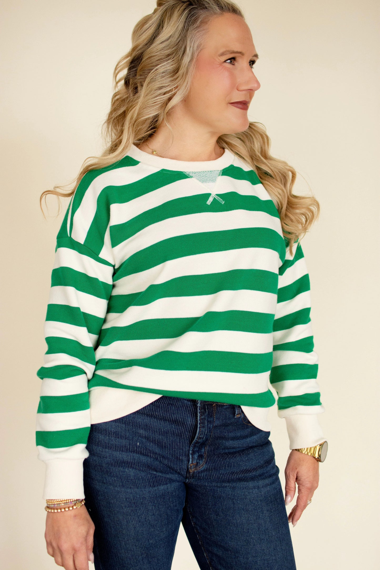 Kelly Green Striped Oversized French Terry Sweatshirt