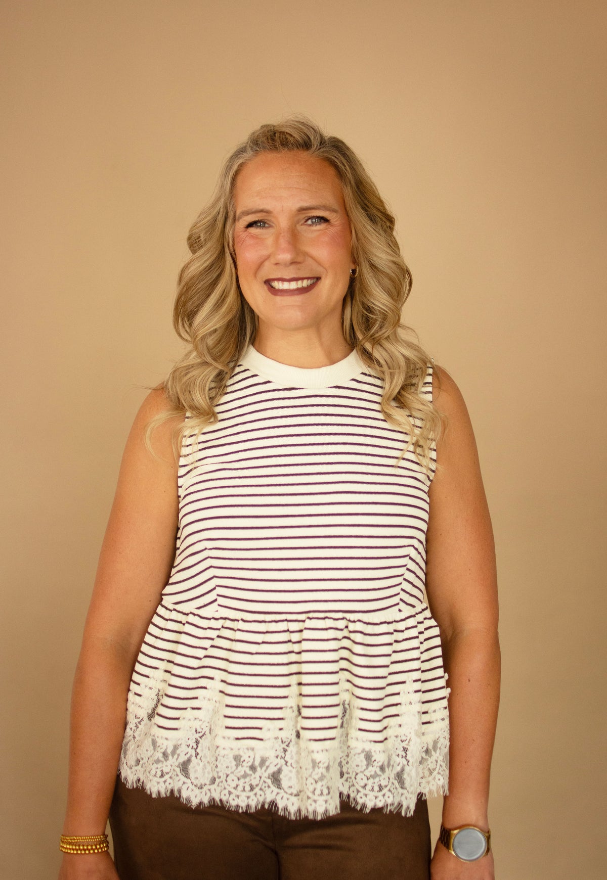 Off White Peplum Top w/ Lace Trim & Brown Stripes