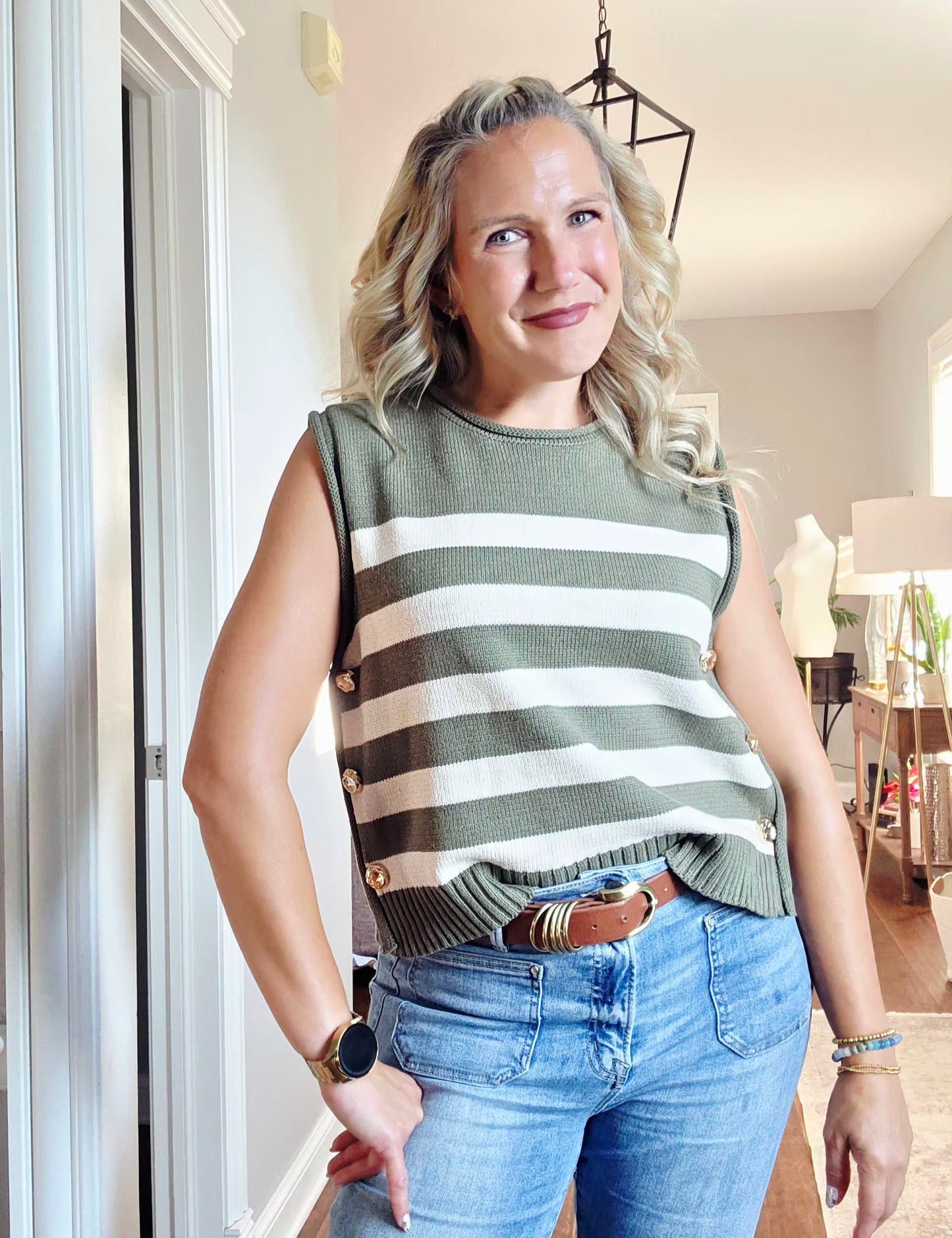 Olive Striped Sleeveless Knit Top