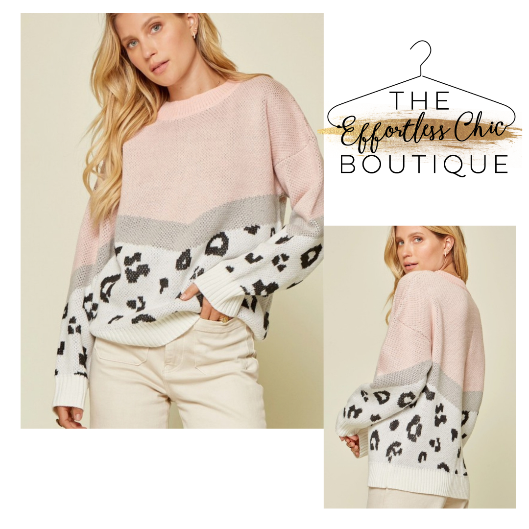 Light Pink Color Block Leopard Print Sweater