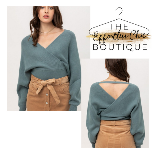 Light Teal Faux Wrap Sweater
