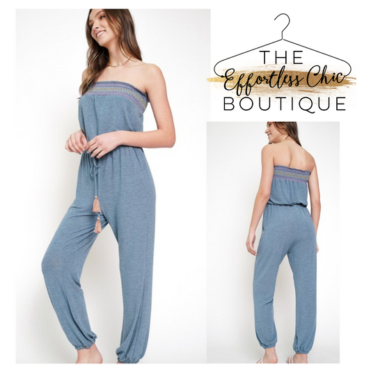 Blue Embroidered Jumpsuit