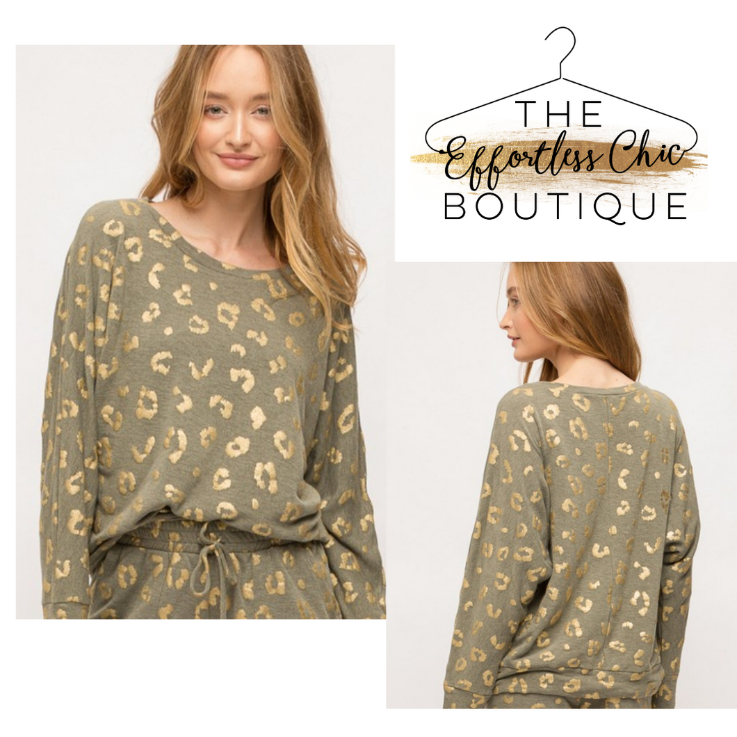 Olive Pullover with Gold Metallic Print