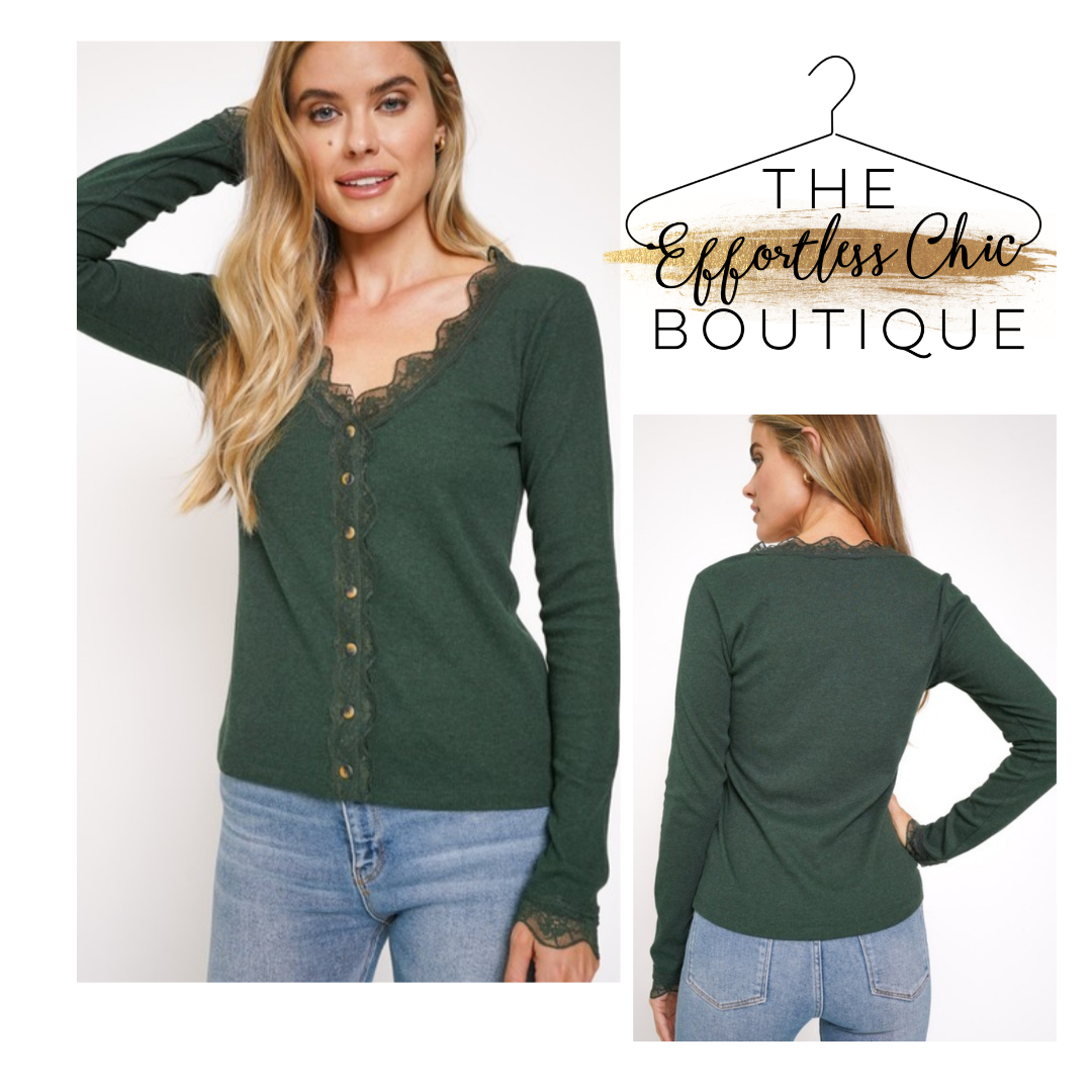 Forest Green Button Up Lace Accent Top