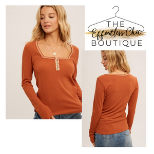 Rust Square Neck Henley Top