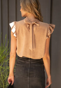 Taupe Suede Ruffle Sleeve Top