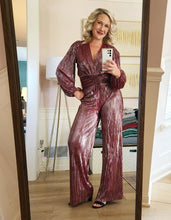Load image into Gallery viewer, Wine Metallic Wide Leg Pants
