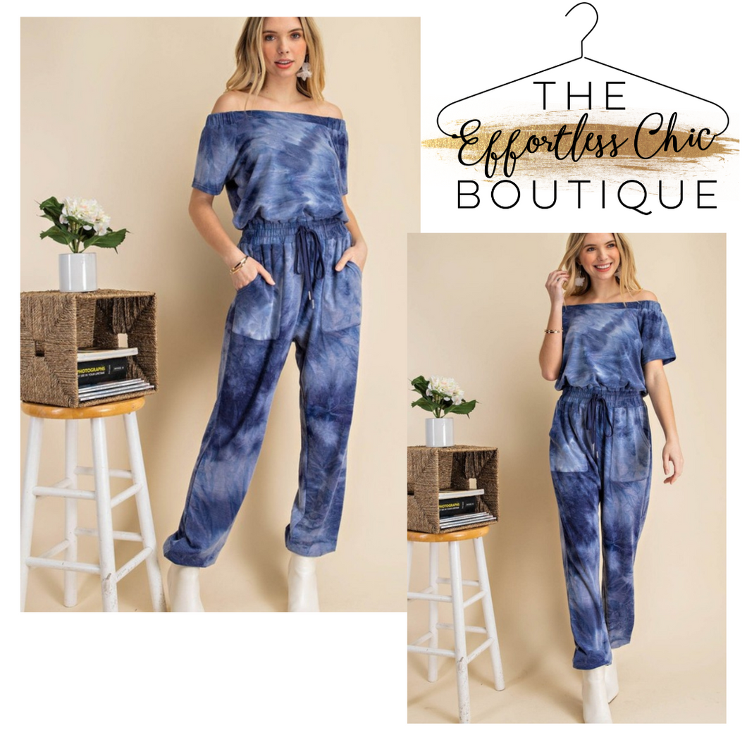 Navy Tie Dye Off-the-Shoulder Jumpsuit