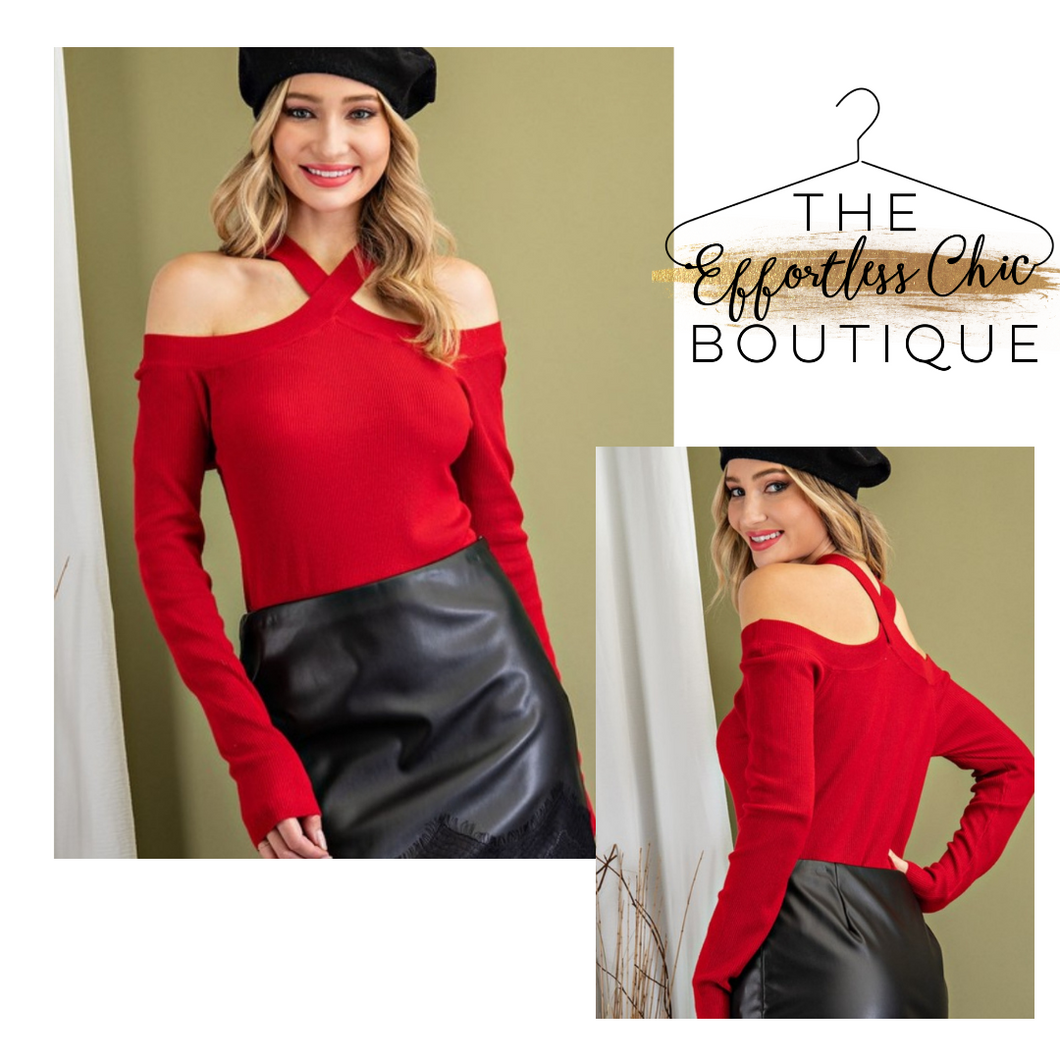 Red Halter Ribbed Knit Sweater